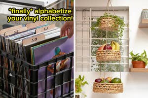 on left: letter organizers in storage container with records. on right: three-tier light brown hanging fruit basket