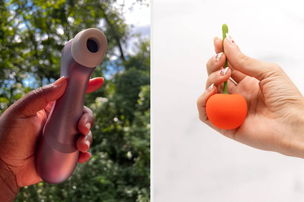 hand holding purple suction vibrator and model holding cherry-shaped vibrator