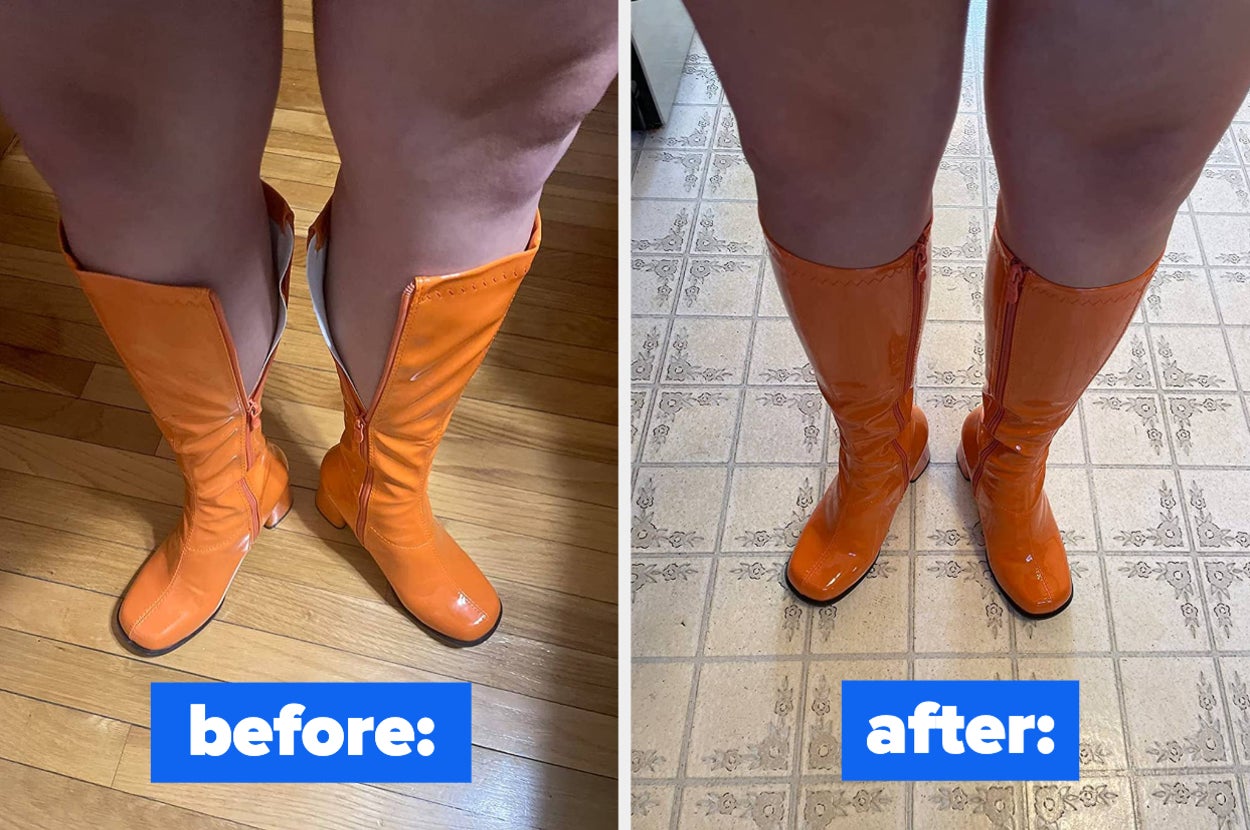 L: reviewer unable to zip orange patent boots over their calves R: the same reviewer whose orange boots now zip up over their calves