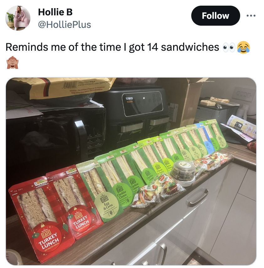 a tweet that reads &quot;reminds me of the time i got 14 sandwiches&quot; with a photo of 14 aldi prepacked sandwiches lined up on a counter top