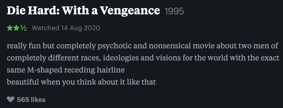 Really fun but completely psychotic and nonsensical movie about two men of completely different races, ideologies and visions for the world with the exact same M-shaped receding hairline