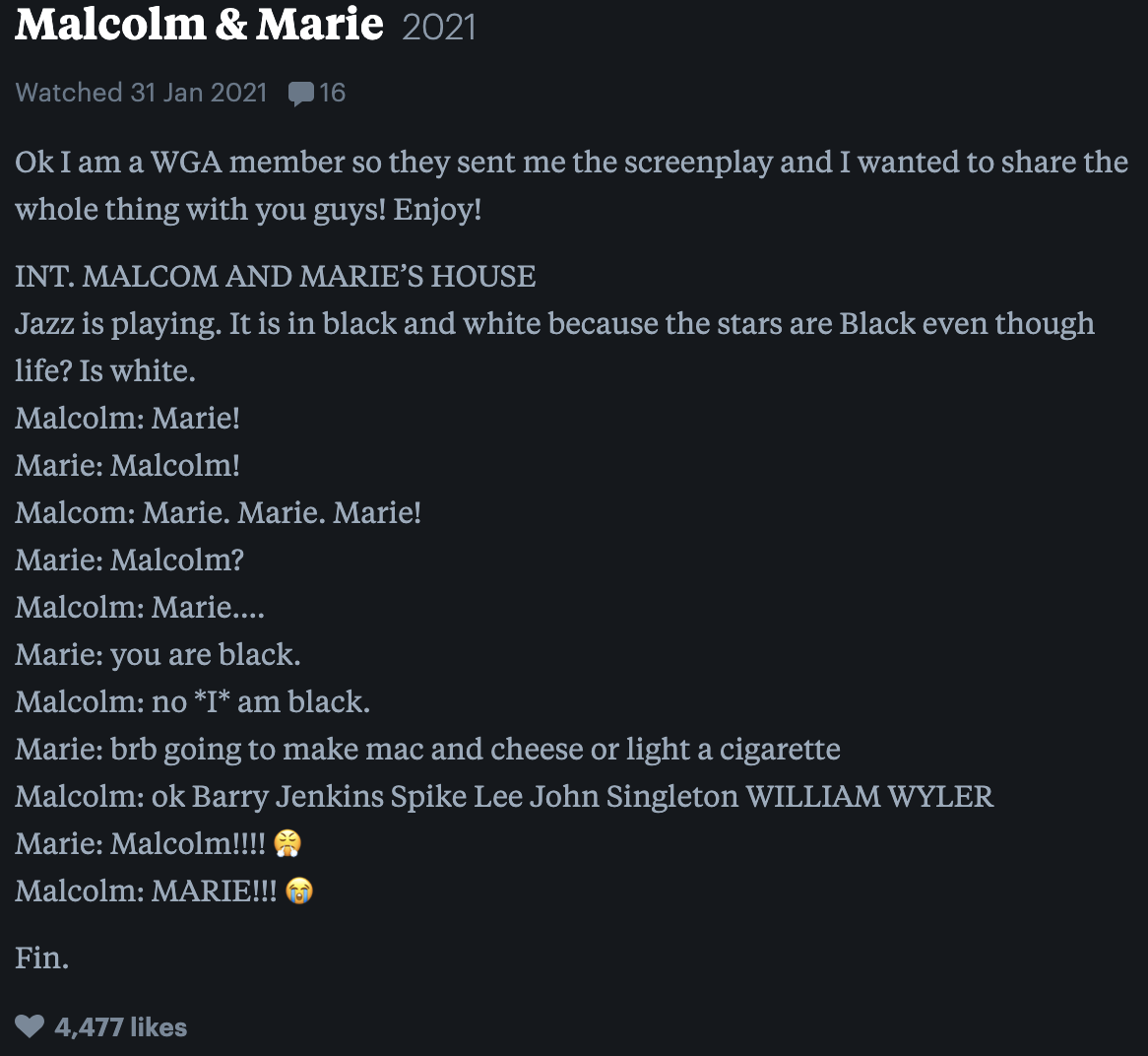 jazz is playing and it&#x27;s black and white because the stars are black even though life? is white. Marie malcolm marie marie marie malcolm you are black no I&#x27;m black brb going to make mac and cheese or light a cigarette