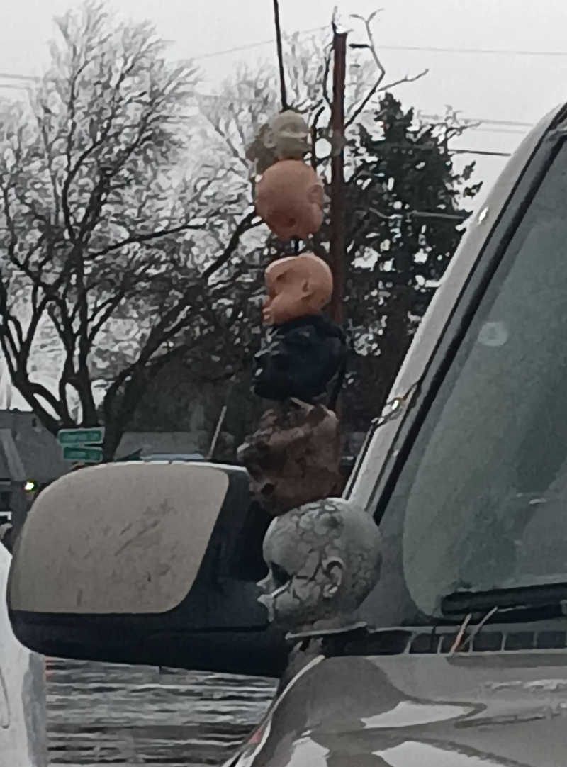 doll heads on a car antenna