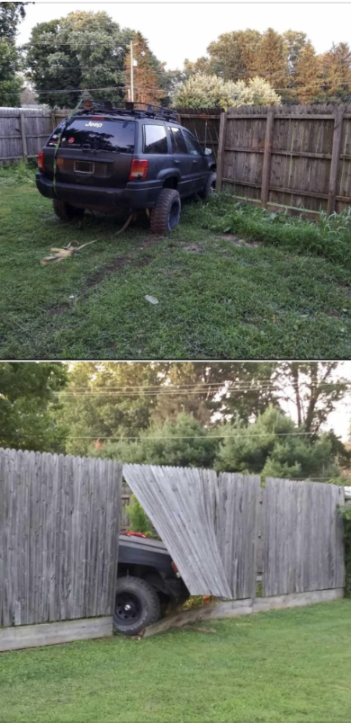 a Jeep that&#x27;s crashed into a fence