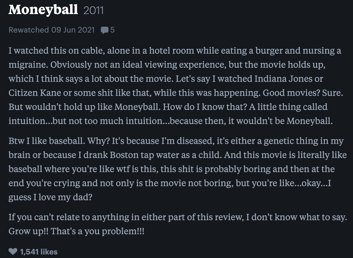 moneyball is good because of Ayo&#x27;s intuition. she likes baseball because she is diseased and it&#x27;s either genetic or because she drank boston tap water.