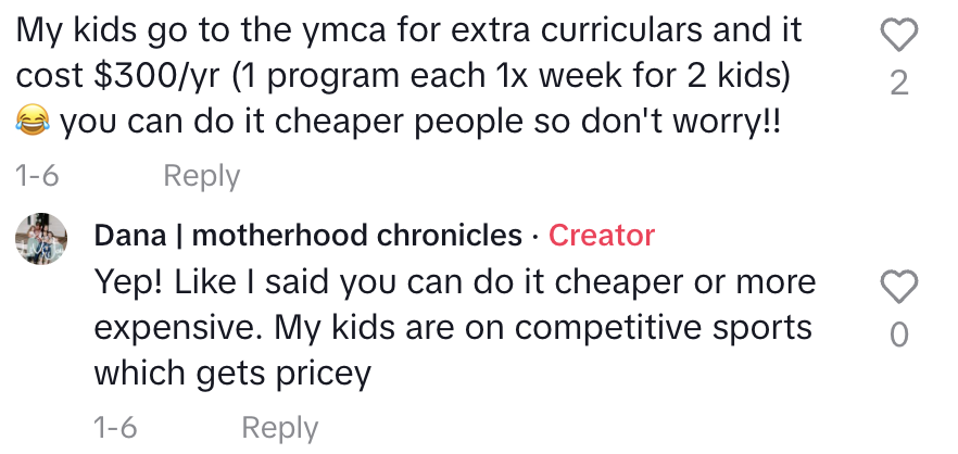 My kids go to the YMCA and it costs $300 a year for one program once a week for two kids