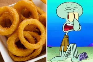 Onion rings and Squidward looking upset.