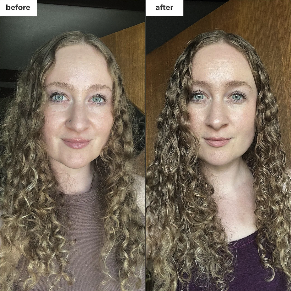 Model with curly hair showing before-and-after results of using the spray, which made their hair look more smooth, defined, and less frizzy