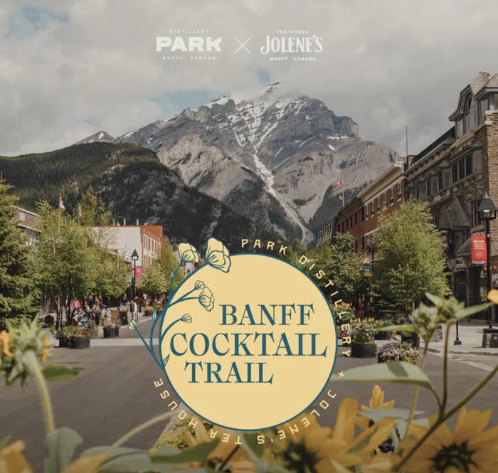 A photo of Banff with the Banff Cocktail Trail logo