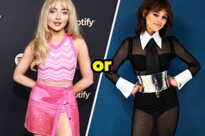 Sabrina Carpenter in an all-pink outfit and Jenna Ortega in a black outfit with a white collar.
