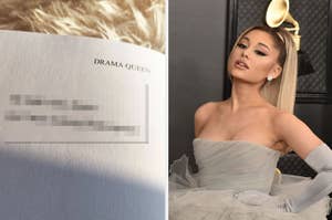 an open page to a blurred poem; ariana grande poses on a red carpet