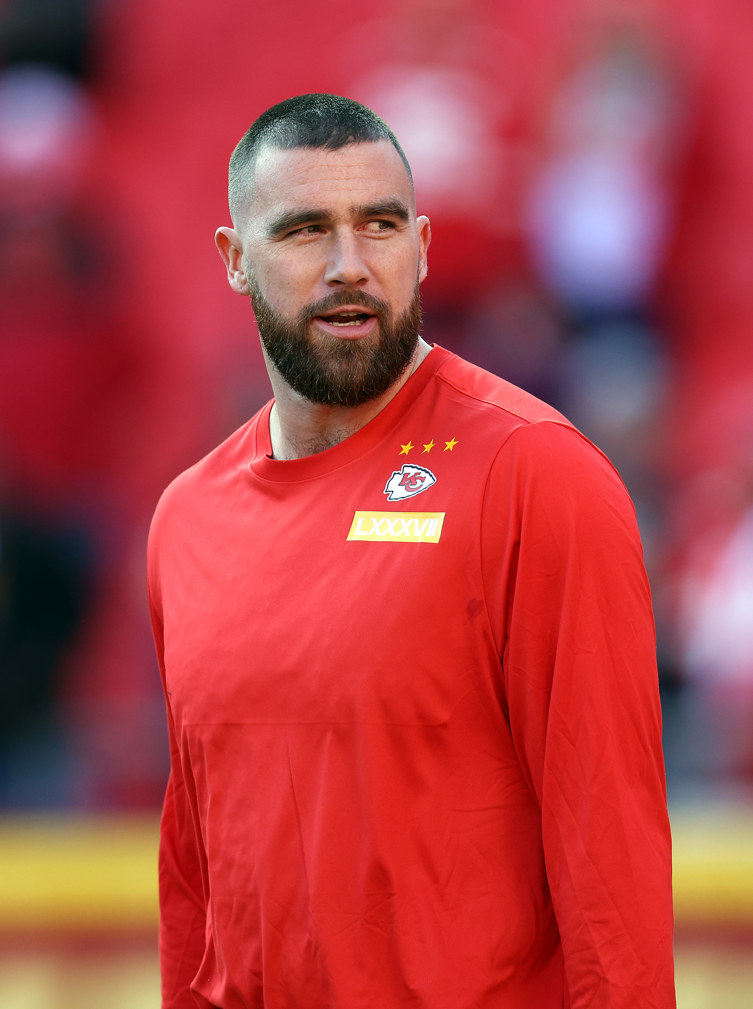 Close-up of Travis in a Chiefs shirt