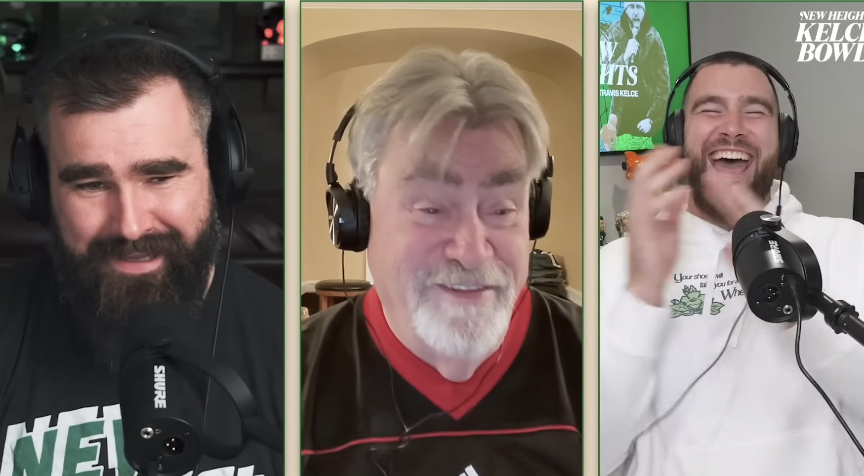 Jason, Ed, and Travis on the podcast wearing headphones