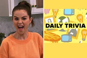 Selena Gomez with wide open mouth and eyes, brows raised, as if excited. Next to her is a separate image of drawings with the words DAILY TRIVIA over it.