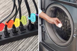 on left: colorful cord labels on cords plugged into power strip. on right: model placing Affresh washing machine cleaning tablet into washer