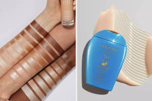 on left: models wearing E.l.f. Halo Glow Liquid Filter foundation. on right: Shiseido SPF 50+ sunscreen