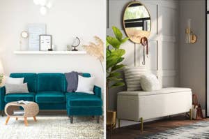on left: blue velvet couch. on right: cream entryway storage bench