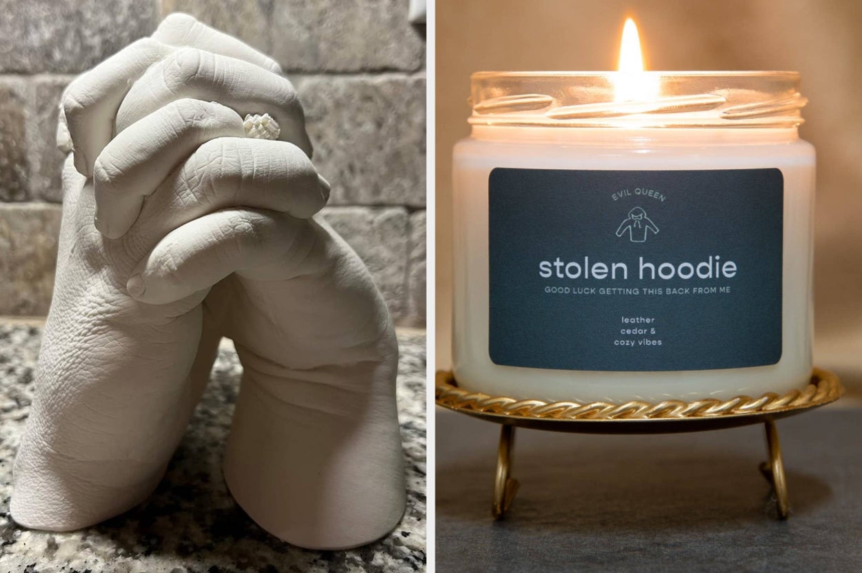 reviewers casted hands and a burning candle with label that says "stolen hoodie"