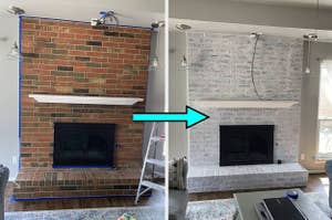 on left: brick fireplace. on right: same fireplace with a light gray brick update