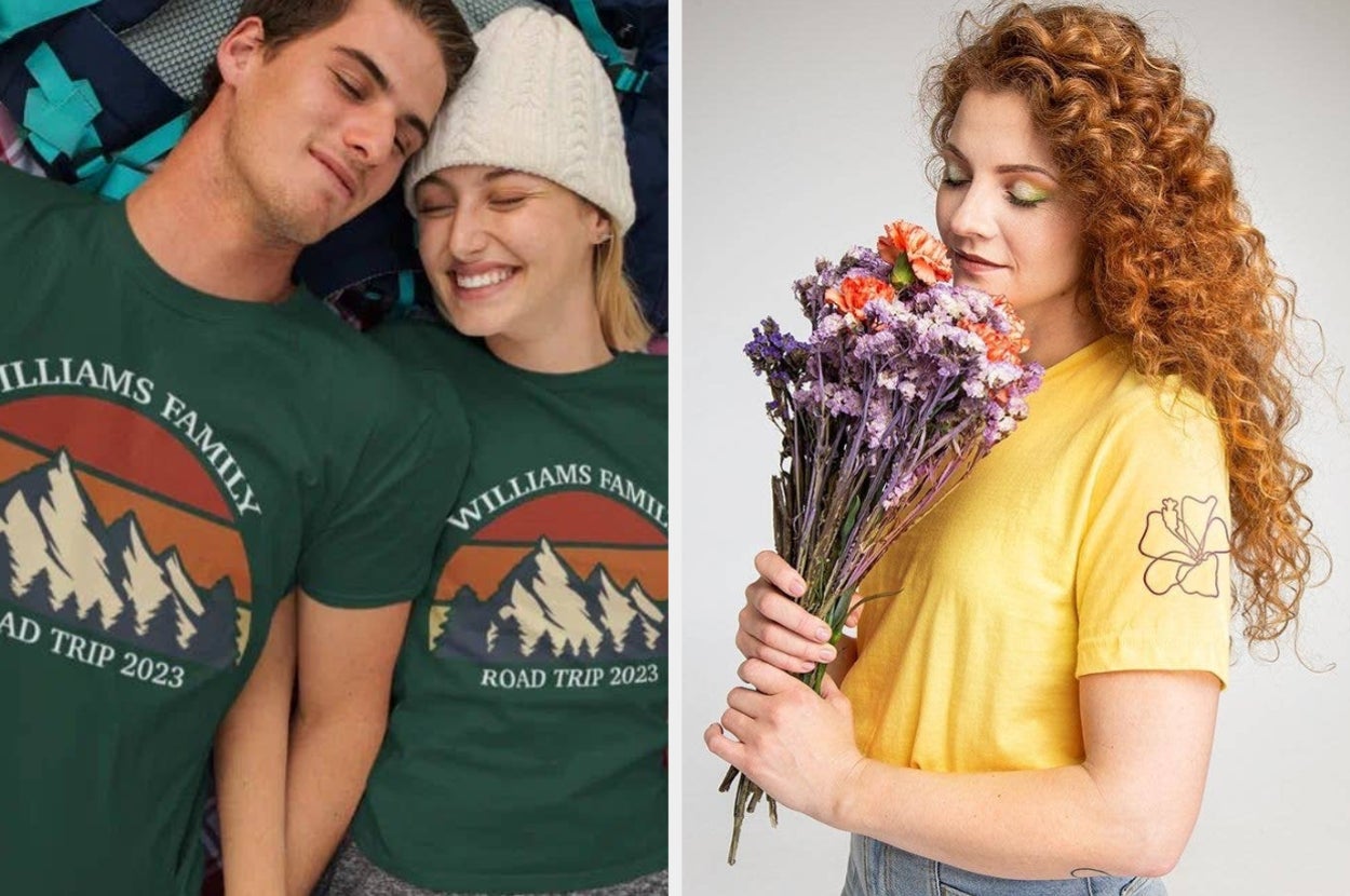 L: two models wearing matching shirts that read "Williams Family Road Trip 2023", R: a model wearing a yellow shirt with an embroidered flower on the sleeve 