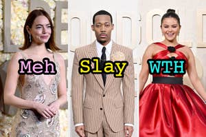 Emma Stone in nude floral dress, Tyler James Williams in a pin stripped suit, and Selena Gomez in a red dress.