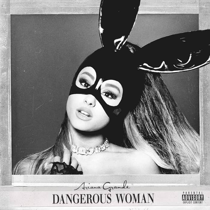 Album cover: Ariana Grande in a black mask with bunny ears, titled &quot;Dangerous Woman&quot; with explicit content advisory.