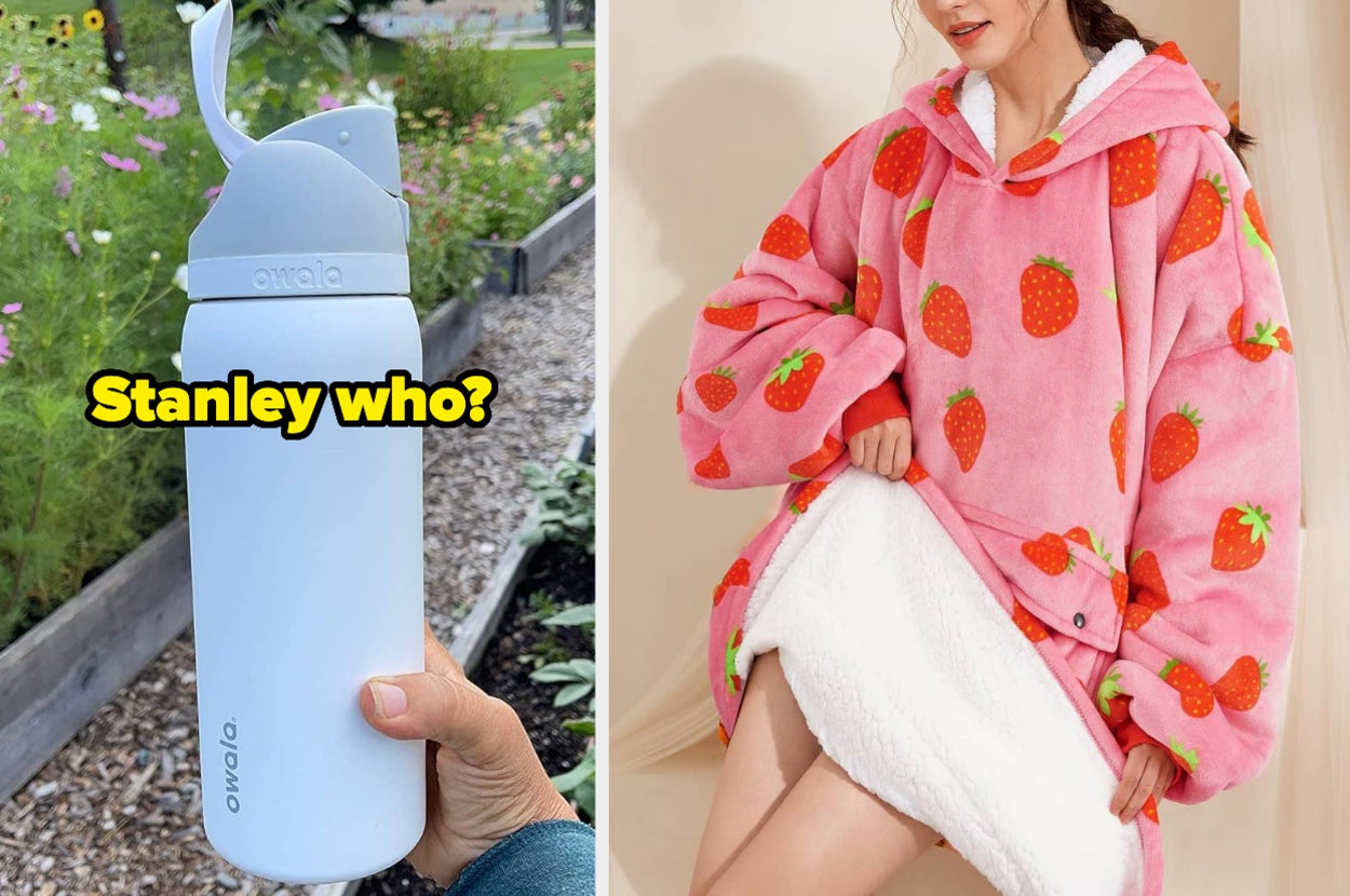 a light blue owala water bottle / model in a strawberry blanket hoodie