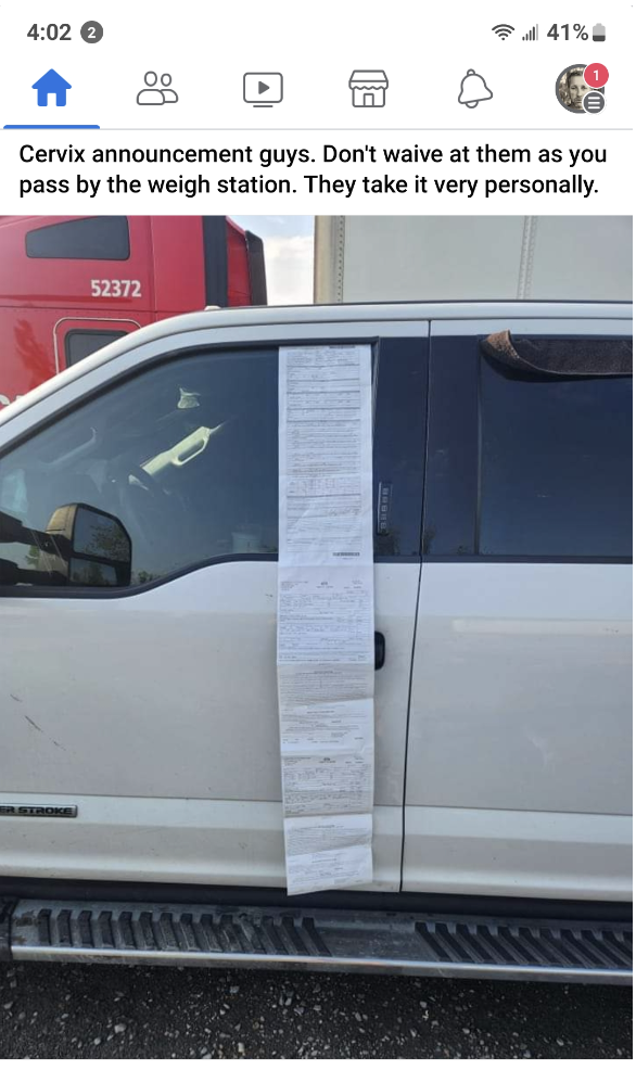 &quot;Cervix announcement guys, don&#x27;t waive at them as you pass by the weigh station, they take it very personally,&quot; showing a car with a long ticket/receipt hanging outside the window
