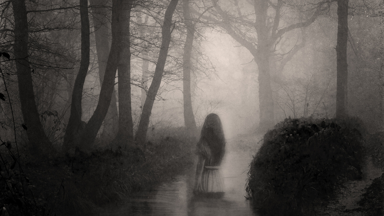 A young woman facing away from the camera in a dark, dreary forest