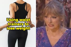 a woman putting on a waist trainer, taylor swift cringing