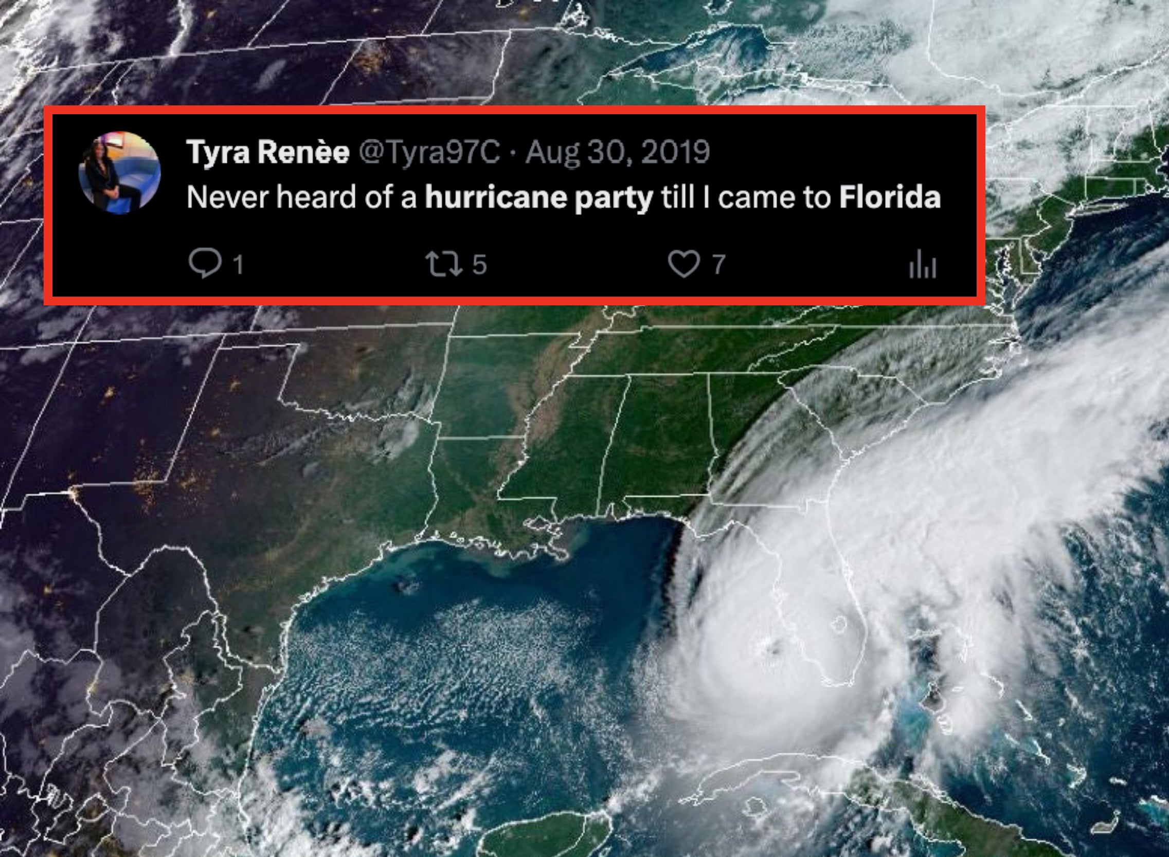 hurricane on a map with a tweet from someone that says, never heard of a hurricane party til i came to florida