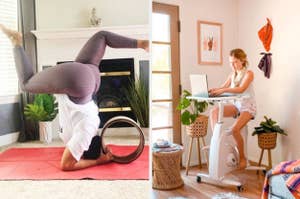 reviewer doing yoga pose with wheel / reviewer using rolling desk bike