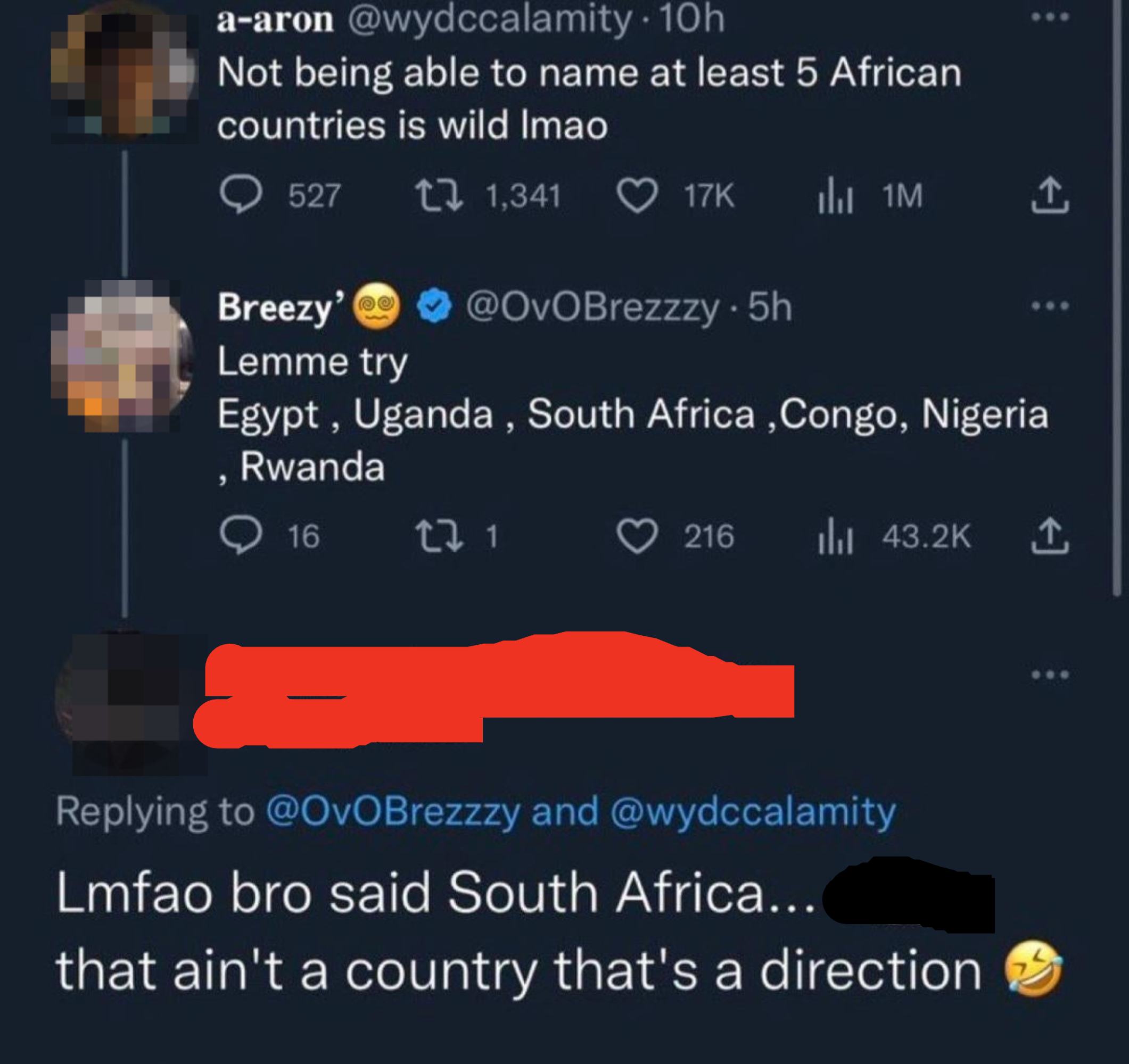 &quot;Not being able to name at least 5 African countries is wild,&quot; &quot;Lemme try: Egypt, Uganda, South Africa, Congo, Nigeria, Rwanda,&quot; &quot;LMFAO bro said South Africa — that ain&#x27;t a country that&#x27;s a direction&quot;