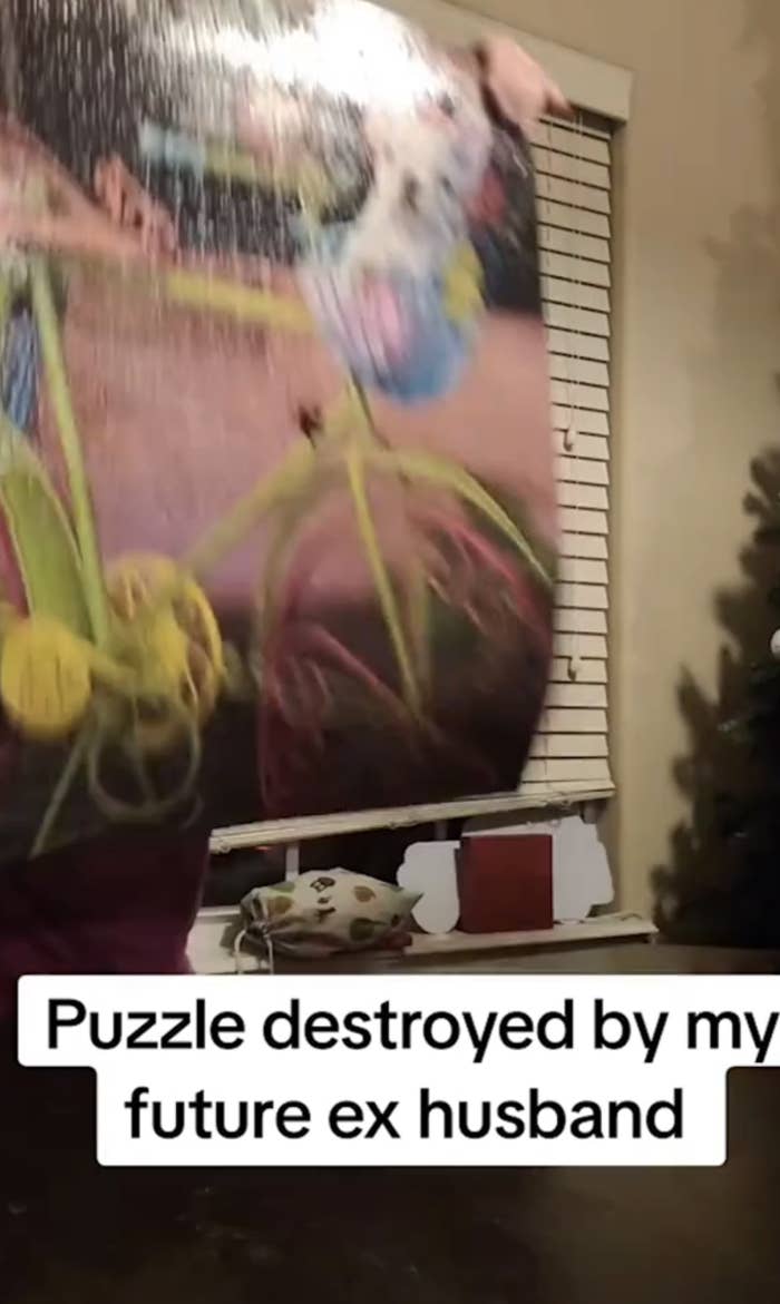 screenshot of a video that&#x27;s captioned puzzle destroyed by my future ex husband