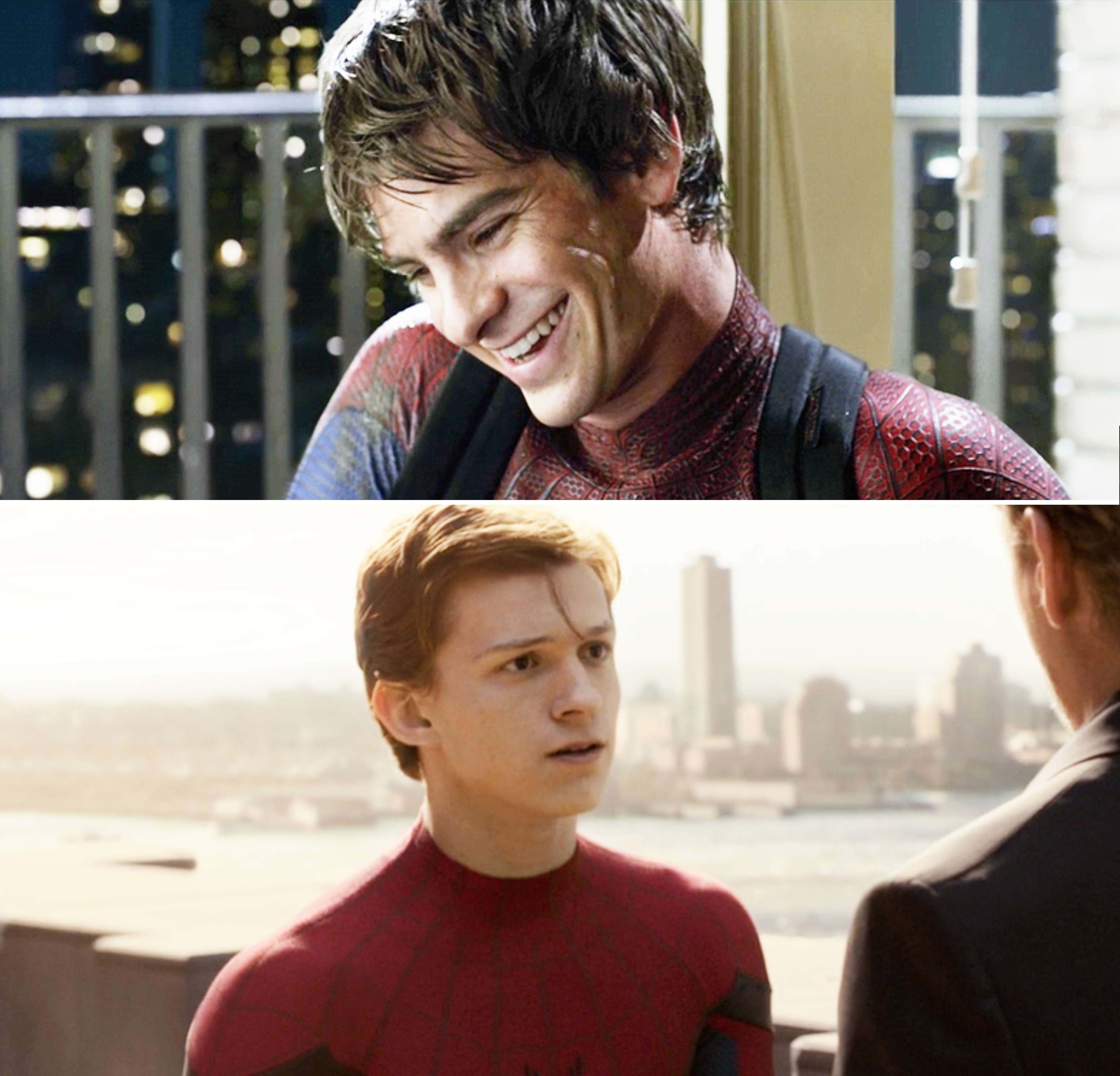 A smiling Andrew and a serious Tom as Spider-Man