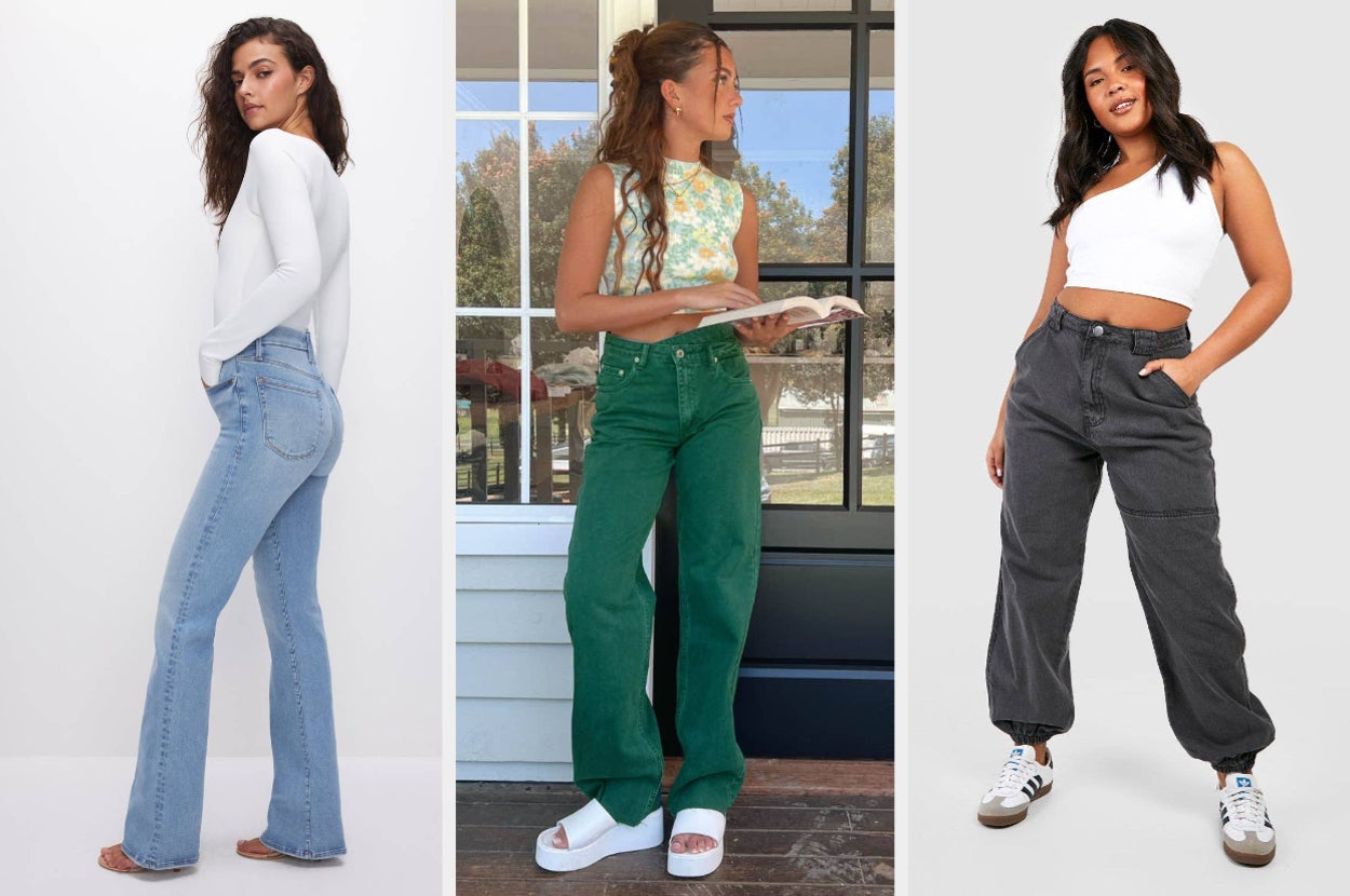models wearing jeans of different styles and colors