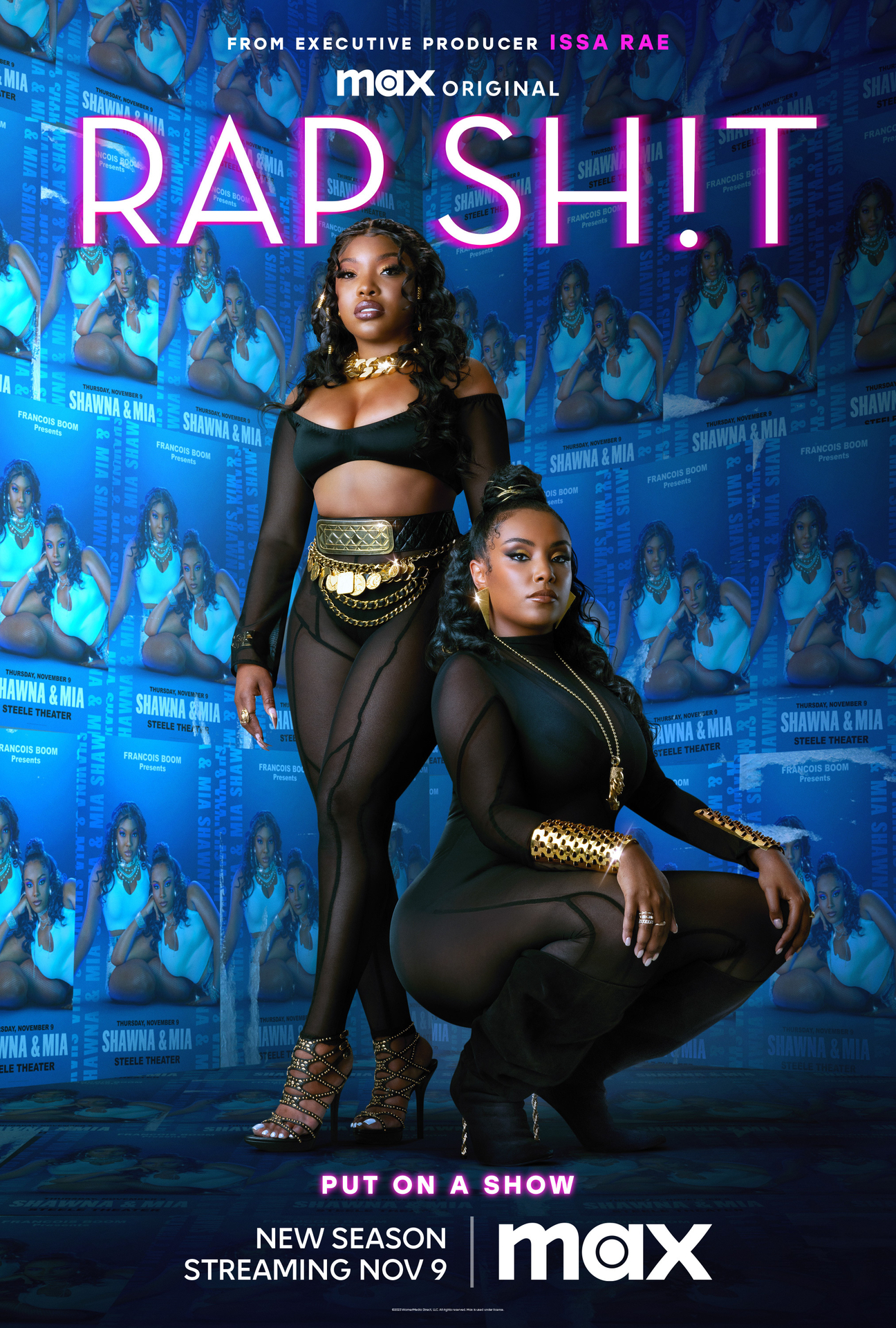 Promo poster for Rap Sh!t featuring a woman standing next to a woman squatting