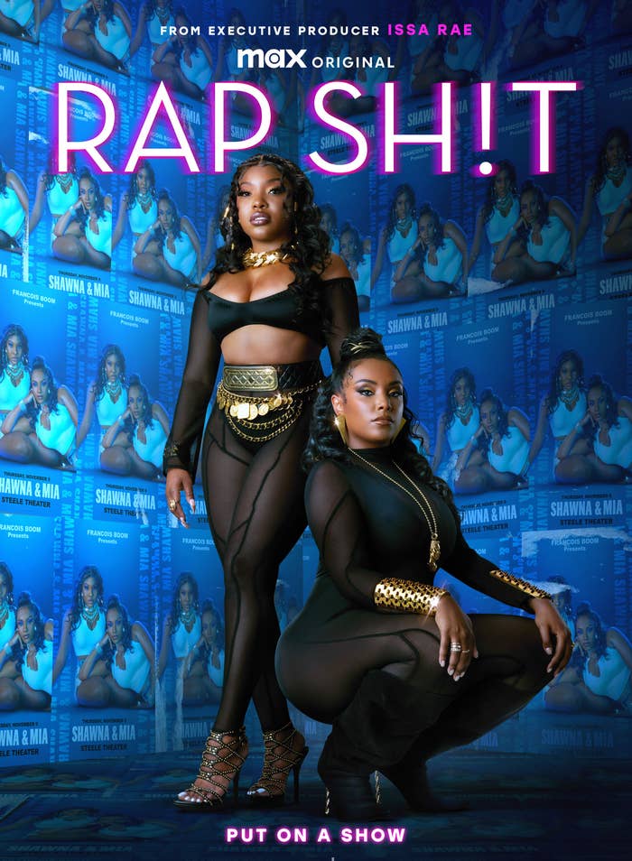 Promo poster for Rap Sh!t featuring a woman standing next to a woman squatting
