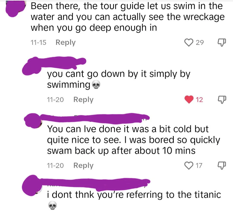They say tour guide let them swim down to the wreckage; &quot;it was a bit cold but quite nice to see,&quot; but they were bored and swam back up after 10 minutes