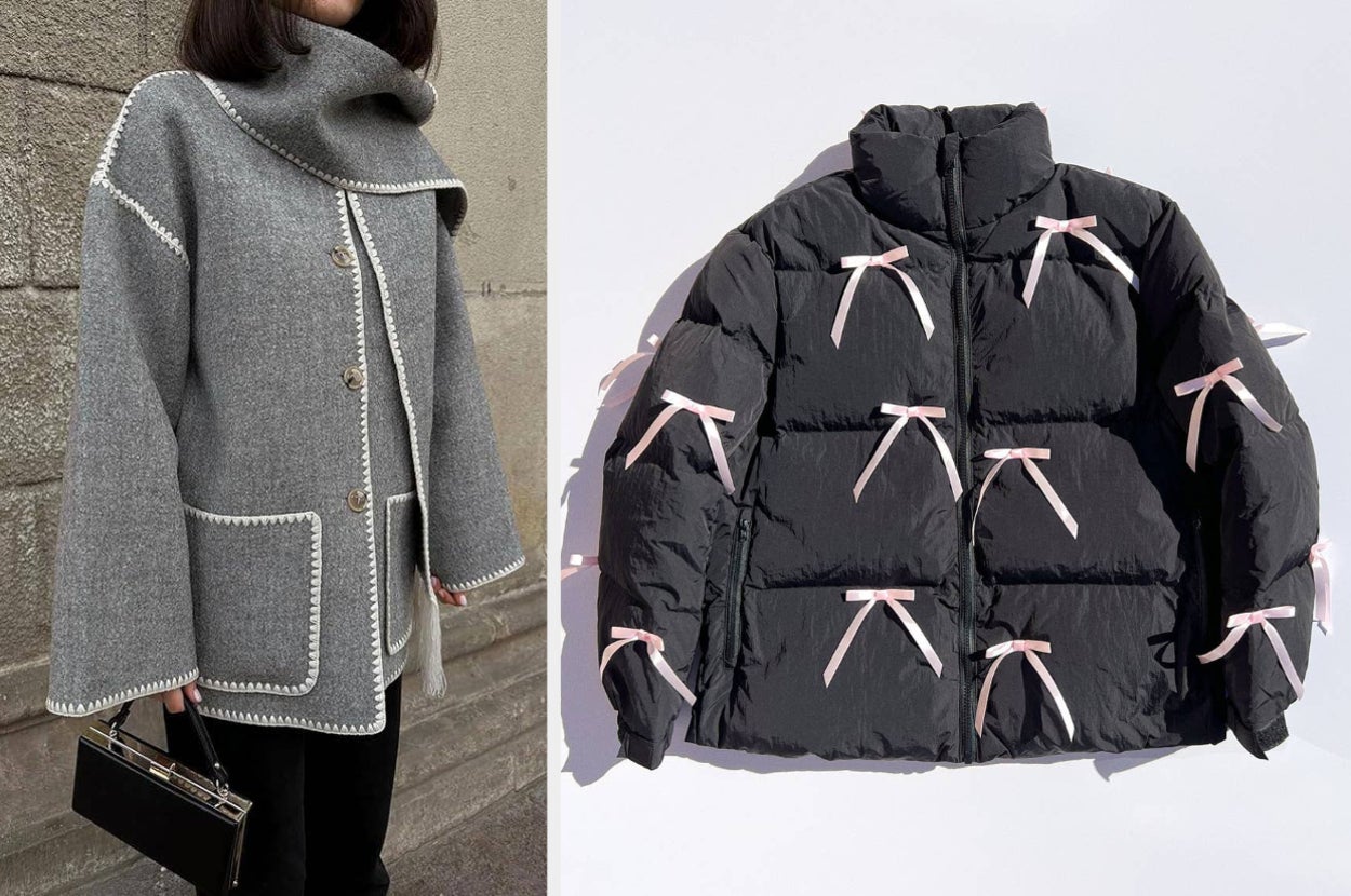 model in gray wool coat with embroidered trim; black puffer with pink bows