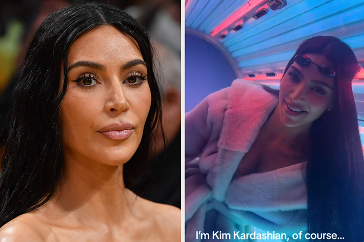 A closeup of Kim Kardashian vs Kim Kardashian in a tanning bed