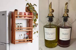 wooden fridge organizer; glass olive oil and vinegar bottles