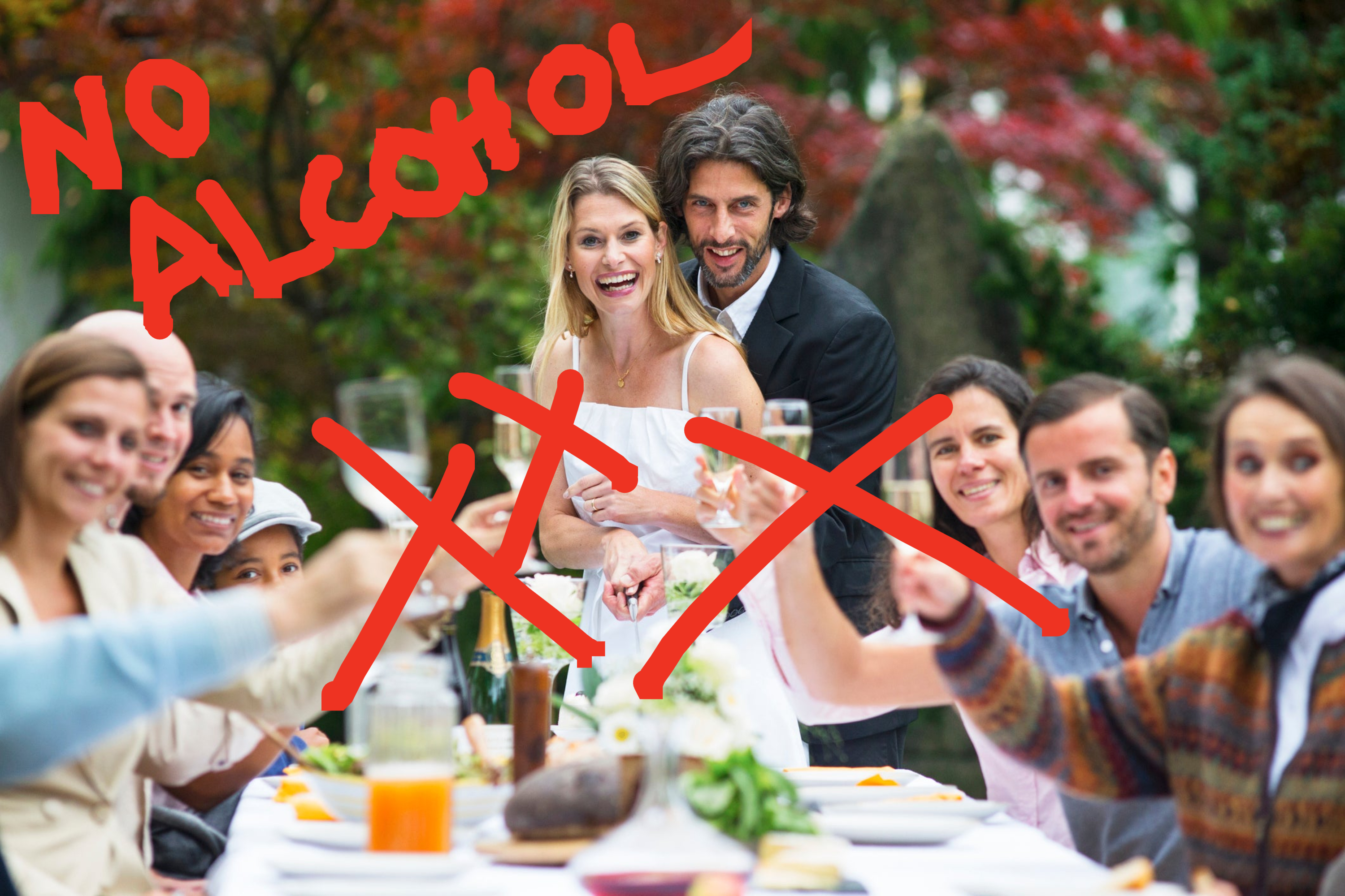 An outdoor wedding gathering with &quot;No alcohol xxx&quot; written over the photo