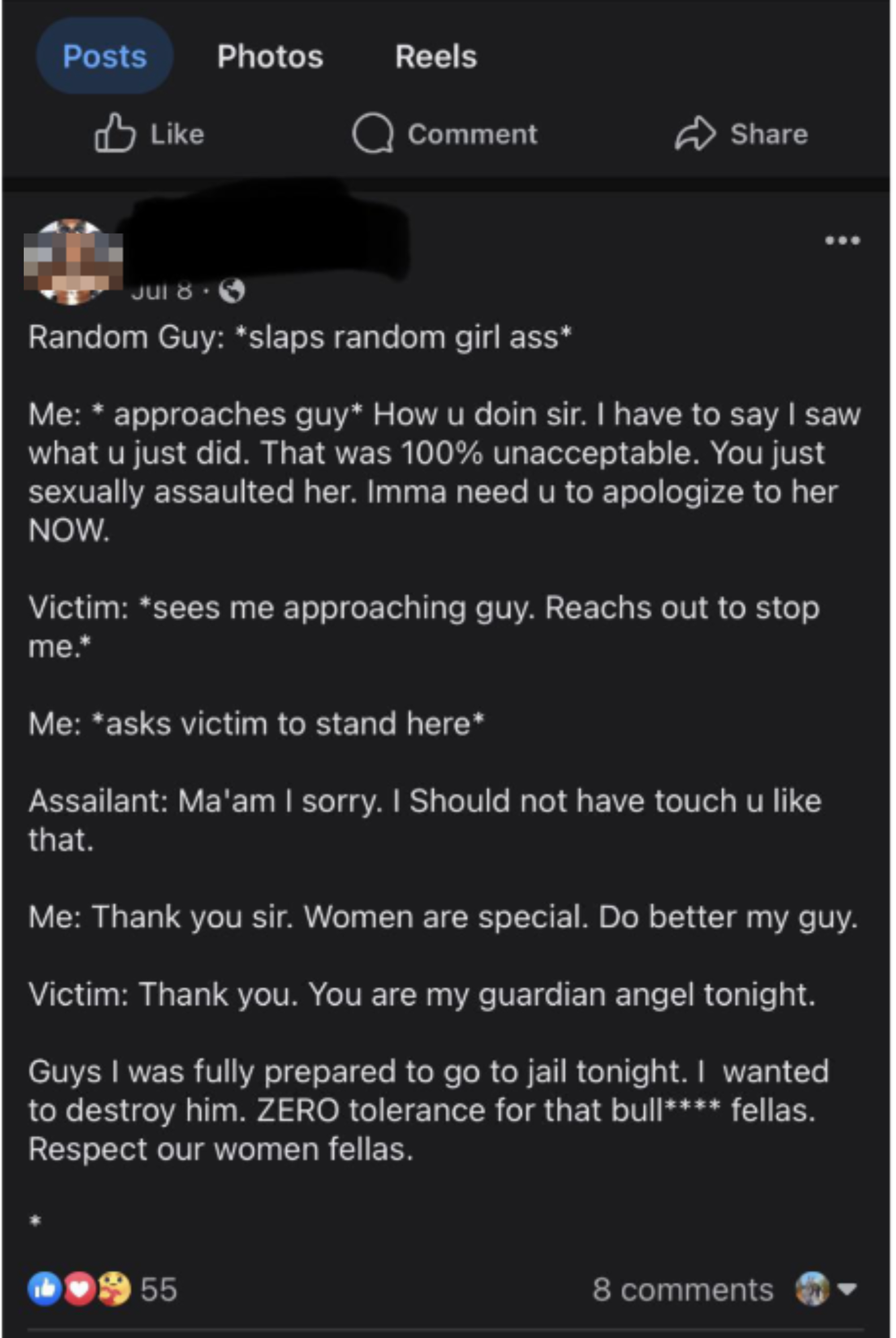 Man approaches guy who randomly slapped a girl&#x27;s ass and says &quot;you sexually assaulted her,&quot; tells him to apologize, which the assailant does, and the woman calls him her guardian angel; guy says he was &quot;prepared to go to jail&quot;