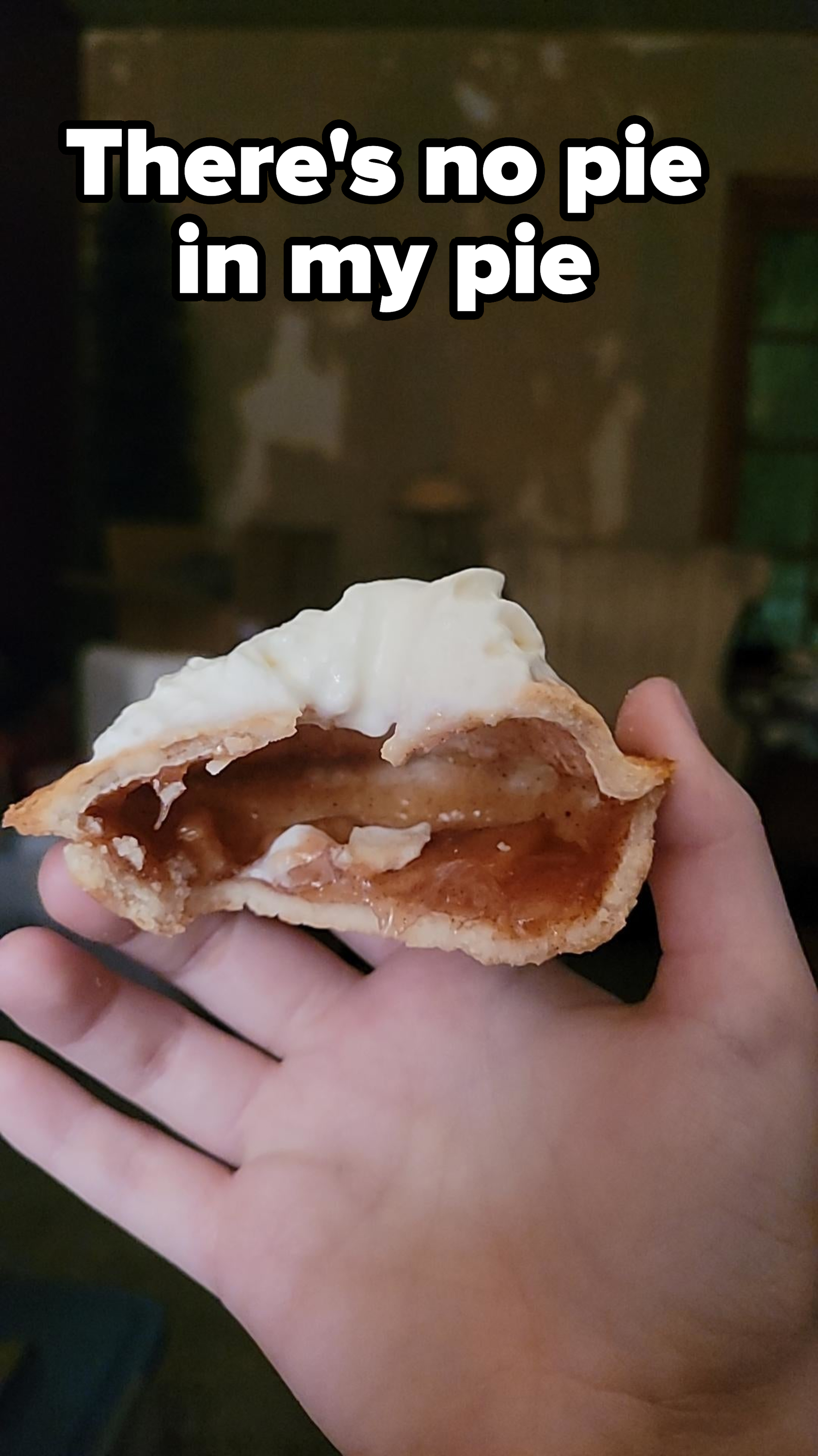 &quot;There&#x27;s no pie in my pie&quot; showing a slice of pie with very little filling
