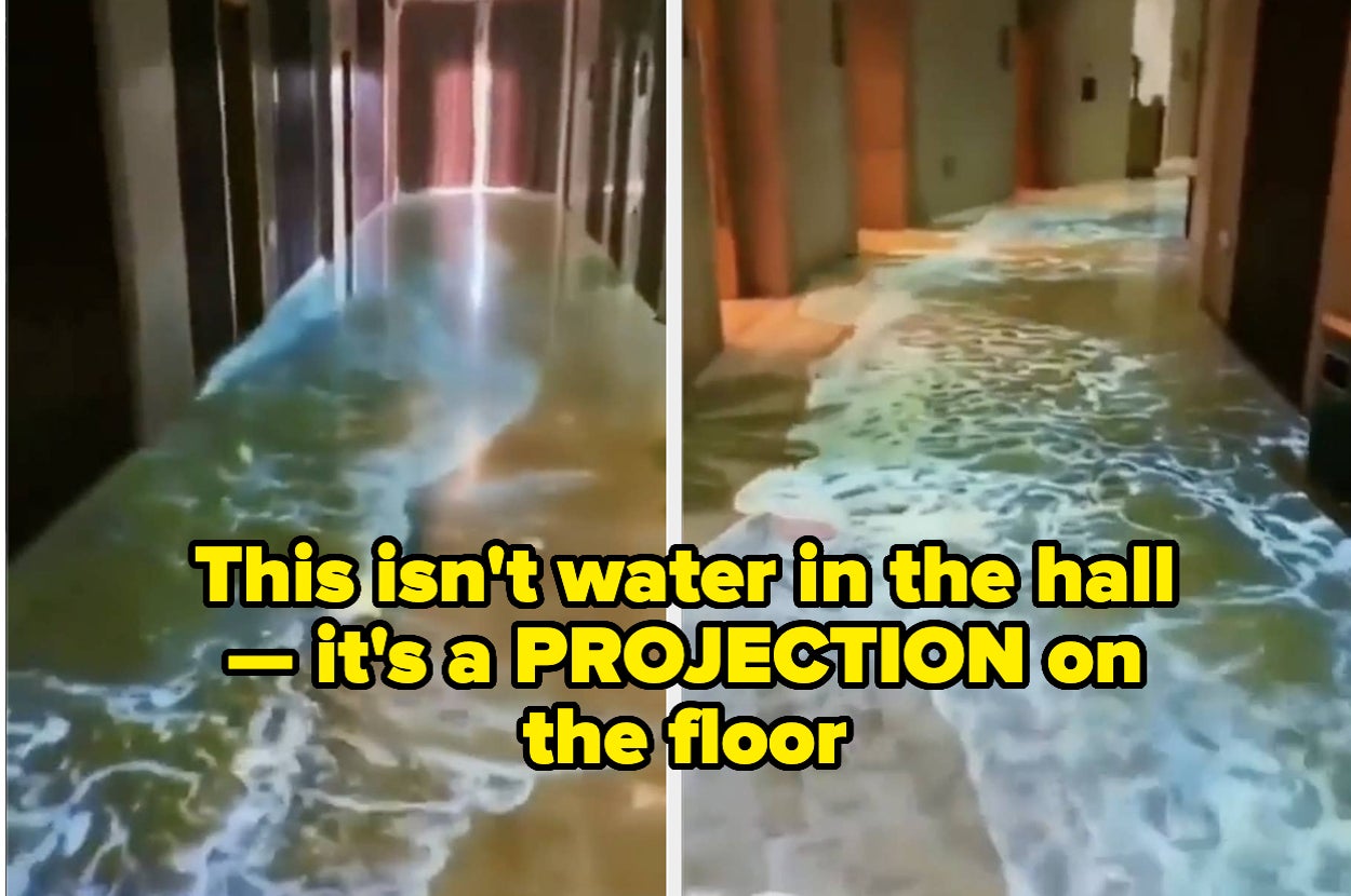 what looks to be waves on a hallway floor captioned "This isn't water in the hall — it's a PROJECTION on the floor"