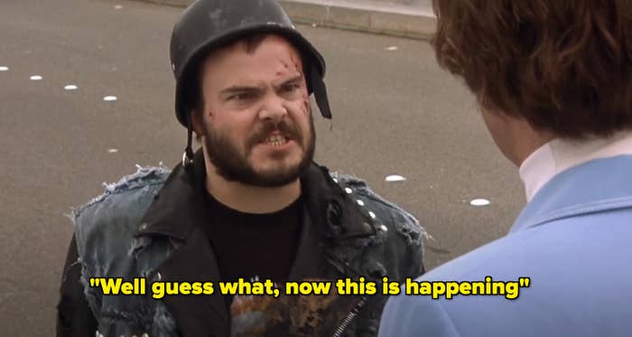 Jack Black in Anchorman dressed as a biker and angrily saying &quot;well guess what, now this is happening&quot;