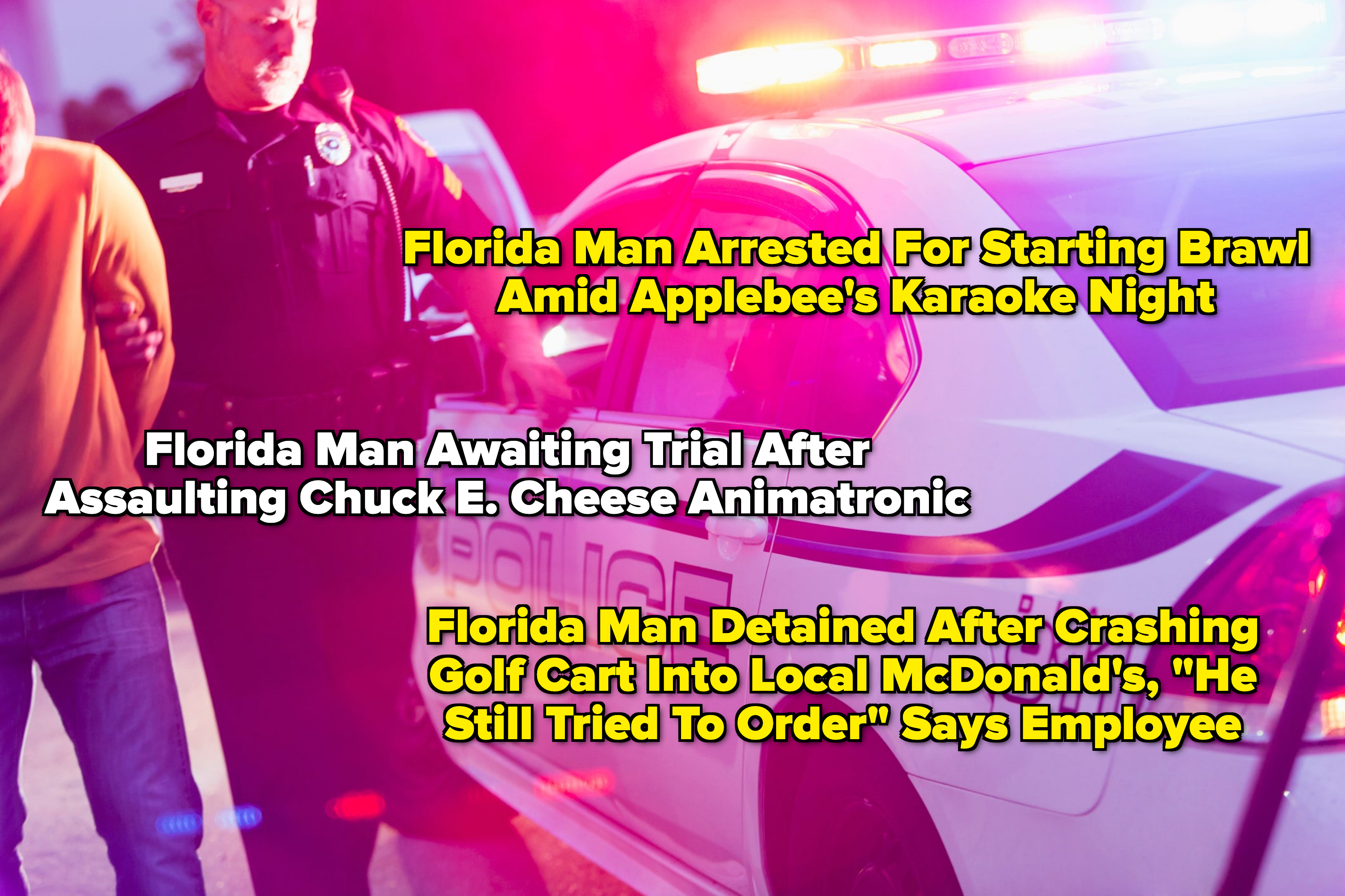 headlines of florida overlaying a photo of a cop arresting someone