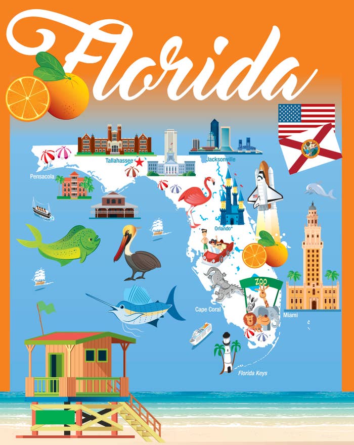 illlustrated graphic of a florida map and the things it&#x27;s known for like the beach, fish, oranges and more