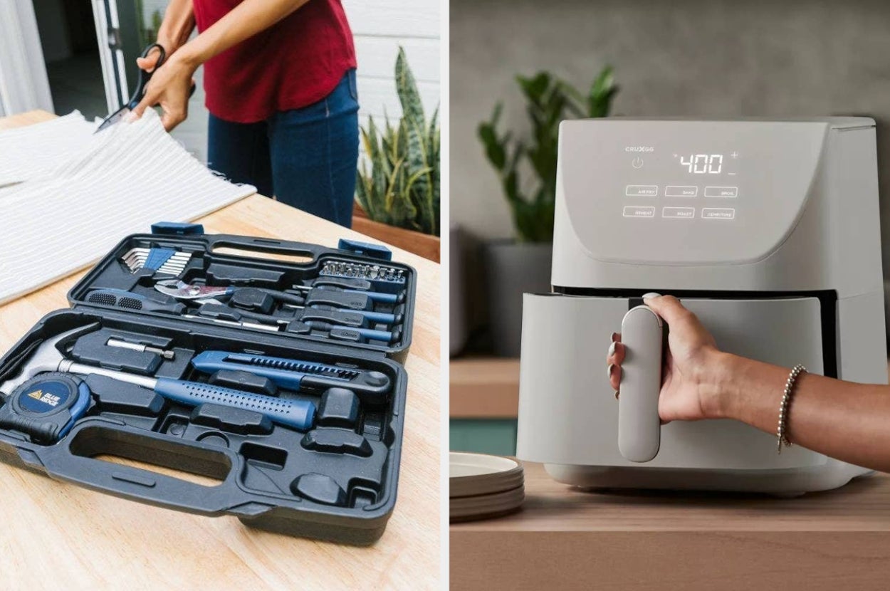 a tool kit on the left and an air fryer on the right